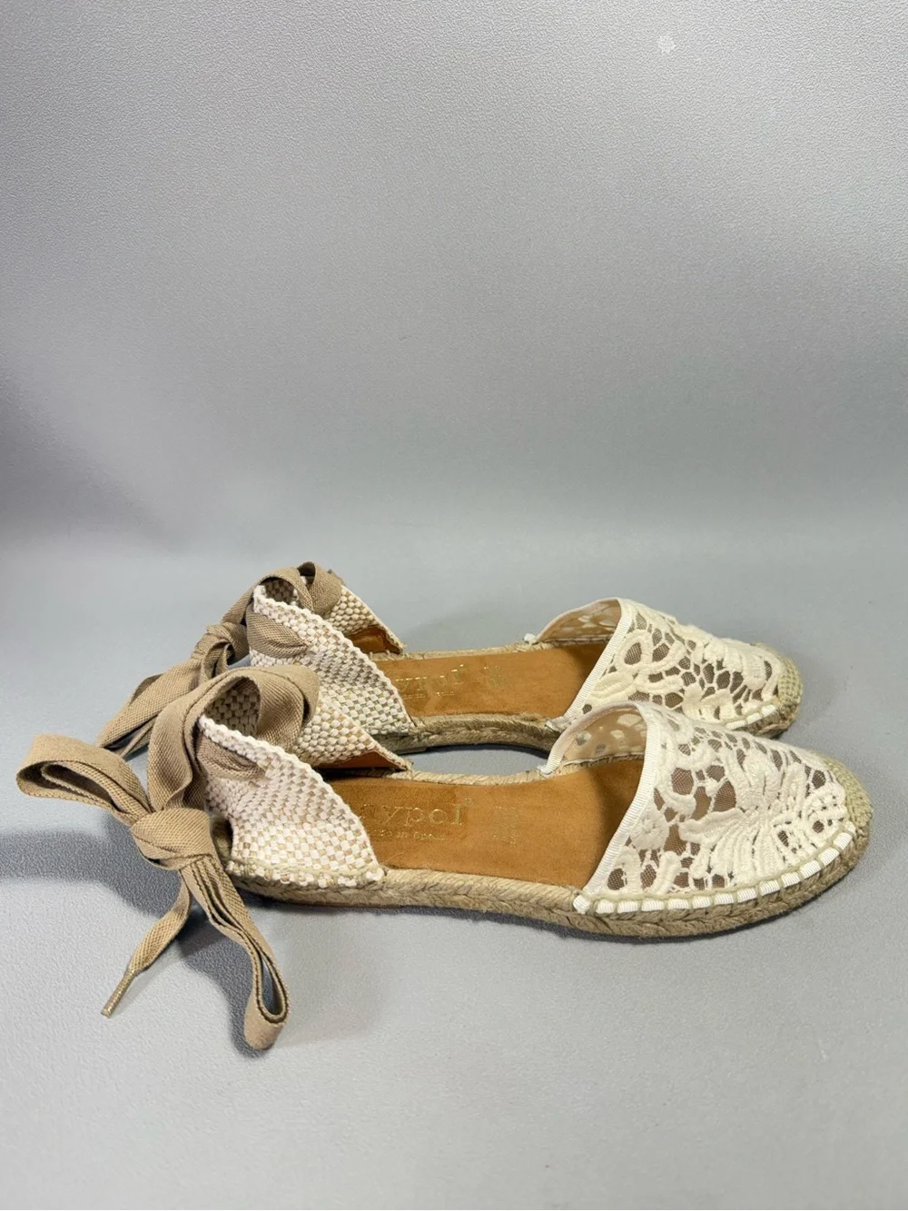 MAYPOL Anthropologie Cream Crochet Lace Ankle Tie Espadrille Flats